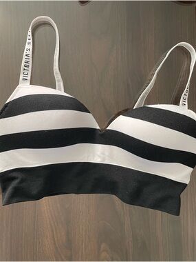 Victoria's Secret Black & White Striped Longline Bralette with Logo Straps